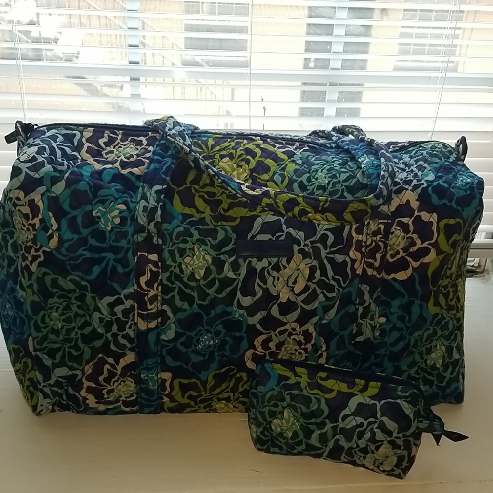 Vera Bradley Quilted Katalina Blue Large Duffel and Small Cosmetic Bag
